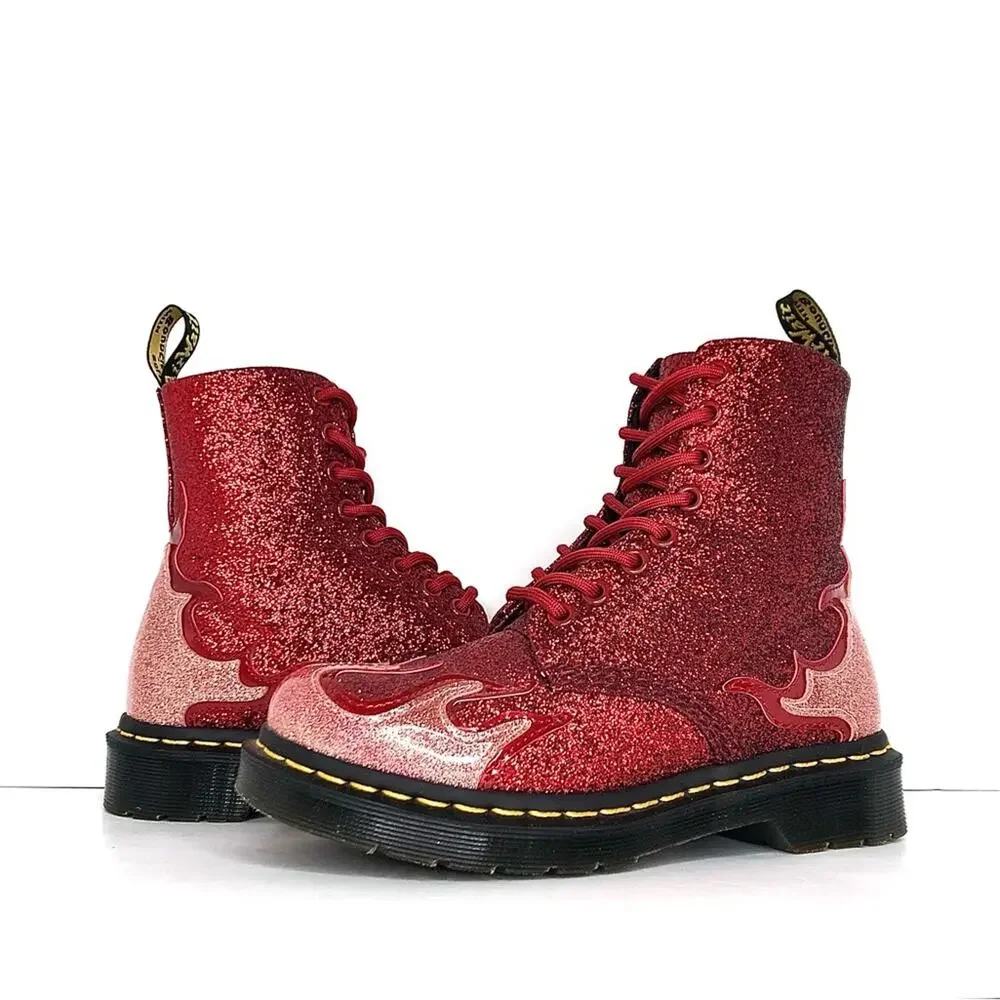 Dr Martens Pascal Flame Red Glitter Ankle Boots Women’s 5 Shoes - Picture 1 of 13